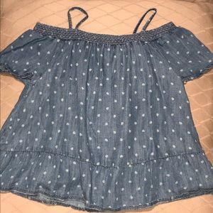 Off the shoulder denim polka dot top